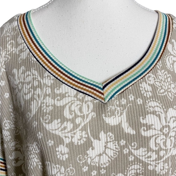 Honeyme Beige Floral Dolman Sleeve Top with Striped Accents on Neck and Sleeves - Picture 3 of 9